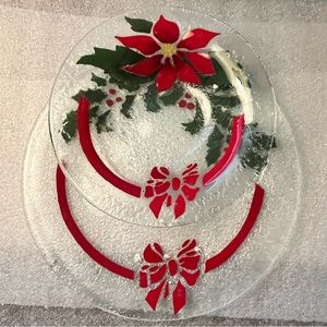 Peggy Karr Fused Glass Holly Berry Plate and Poinsettia Bowl with a bow. Signed.